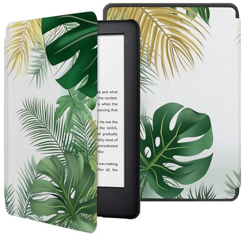 Étui pour Kindle Paperwhite 6,8 (11E Génération - 2021), Coque Légère avec Fonction Veille/Réveil Automatique pour Liseuse Kindle Paperwhite 2021, Feuilles Vertes Dorées