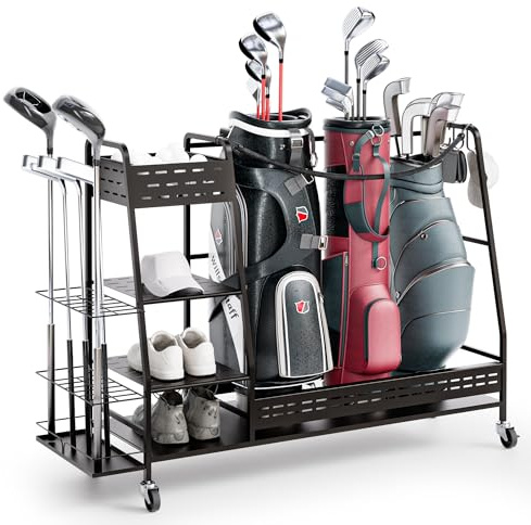 Fruyyzl Golftasche Lagerung Garage Veranstalter, Golf Tasche Stand fit für 3 Golfbag, Extra große Größe Golf Tasche Veranstalter Stand und Golf Ausrüstung Rack für Garage, Club, Keller
