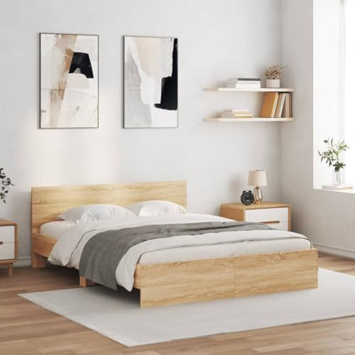 Gecheer Bettgestell mit Kopfteil Sonoma-Eiche 150x200 cm Bett Polsterbett Bettgestell Bettrahmen Schlafzimmerbett Jugendbett Einzelbett Bett