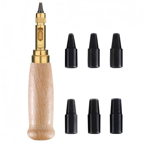 Flycppo Perforadora de Cuero,6 en 1 Punzón de Impacto Automático,Perforadora de Agujeros para Tornillos,Coser,Cuero,Papel,Artesanías(1.5 mm-4 mm)
