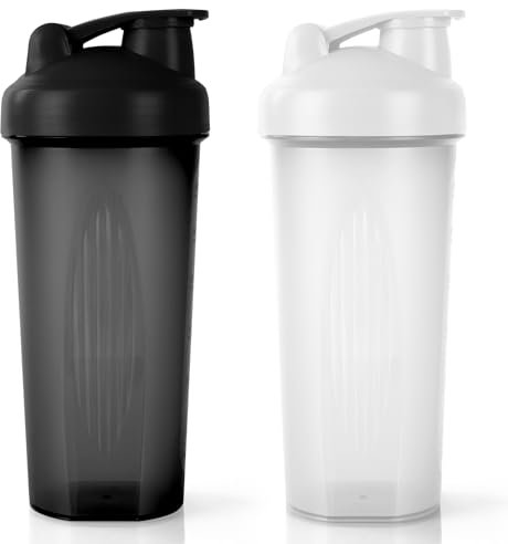 AOGOE 2 PCS Protein Shaker 600ml, Proteína Shaker a Prueba de Fugas con Bola Mezcladora, Botella Mezcladora de Batidos de Proteínas, Taza para Batidos de Proteínas para Fitness (Negro + Blanco)