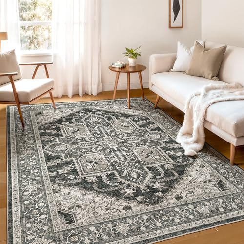 WITSHOCK Teppich Wohnzimmer 180x270 cm: Waschbarer Boho Teppich, rutschfest, Kurzflor, Vintage Schlafzimmer, Küche Flur Esszimmer für Kinder & Haustiere Geeignet, Schwarz