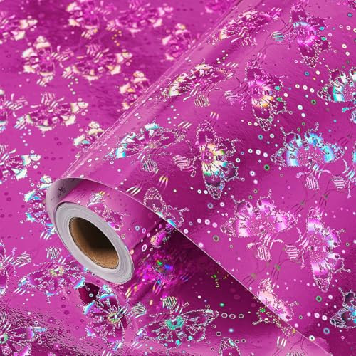 Rosa Holografisches Geschenkpapier, 43CM X 10M Schmetterling Geschenkpapier Rolle für Frauen Mädchen, Irisierende Metallic Folie Geschenkpapierrolle für Geburtstag, Valentinstag, Muttertag, Hochzeit