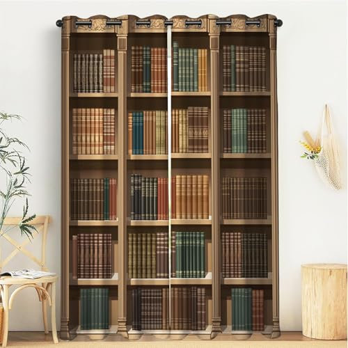 Blickdichte Vorhänge Kinderzimmer Geometrisches Bücherregal Vintage-Bücher Gardinen Mit Ösen Volant-Vorhänge Für Mädchenzimmer, Kinderzimmer, Babyzimmer H225Xb150