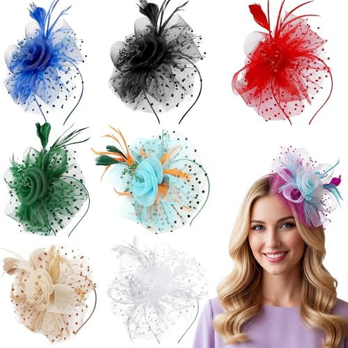 8PCS Vintage Feather Fascinator hats,Floral Headband and Hairpin Set with Faux Pearls Comfortable,Feather-Netting Design for Romantic Elegance. Perfect for Wedding,Tea Party,Gifting,proms and events