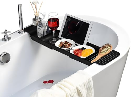 LOORMEI Adjustable Bathtub Caddy Tray，Durable Plastic Shower Caddy ，Convenient Bathroom Storage for Place Candles,Wine Glass, Phone or iPad (Black)