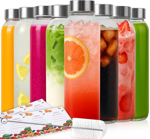 MUETKNYE Glass Water Bottles with Lids 8PACK 500ml Glass Juice Bottles Reusable Drinking Bottle Leakproof Clear Glass Bottles for Juicing,Sauce Jar, Hot & Cold Drinks, Milk