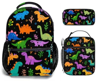 Jollitot Kids Backpack With Lunch Box, Lightweight School 3 Set, Kids Dinosaur Backpack Set, Children Teens Elementary Middle School Christmas