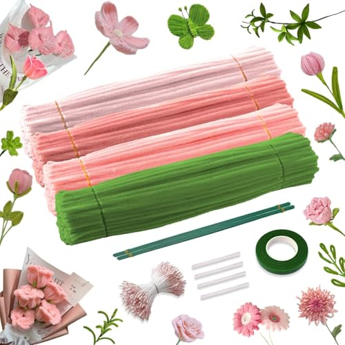 Begonia 400 Pcs Pfeifenputzer Zum Basteln, 4 Farben Pfeifenreiniger Blumen Set, Pipe Cleaner Flower,40 Blumendraht,1 Klebeband,4 Heißklebesticks,400 Blumen Staubblatt für Blumenstrauß DIY Dekorationen