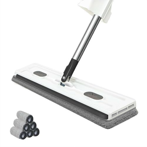 Trapeador plano grande, giratorio de 360°, mopa plana con mango largo de acero inoxidable, con 6 almohadillas de microfibra reutilizables secas y húmedas, fortil, limpieza rápida