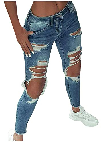 Skinny Ripped Jeans Womens Low Waisted Stretch Distressed Denim Pants Slim Fit Stretchy Ripped Boyfriend Jeans Casual Y2K Streetwear Destroyed Faded Trousers Denim with Hole