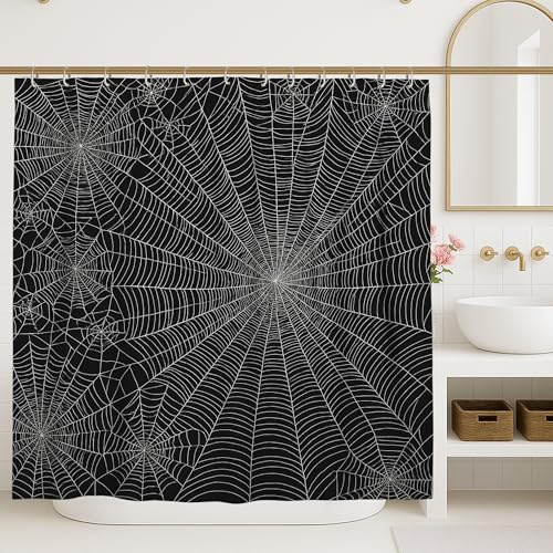 Rideau de douche en toile d'araignée, noir et blanc, décoration de salle de bain d'Halloween, rideau de douche moderne minimaliste en tissu imperméable avec crochets, accessoire d'intérieur effrayant
