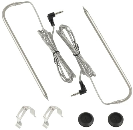 HUAREW Replacement Waterproof Meat Probe 2 Pcs Compatible with Traeger Wood Pellet Grills and Smoker, 3.5 mm Plug Meat BBQ Digital Thermostat Probes with Grommets and Stainless Steel Grill Holder kit