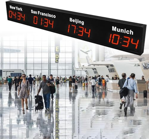 LJYKBFL Grande Orologio Mondiale Digitale a LED, Orologio Mondiale con Fuso orario 3/4/5 da Parete, Città modificabile, Hotel, aziende multinazionali, Red-4City