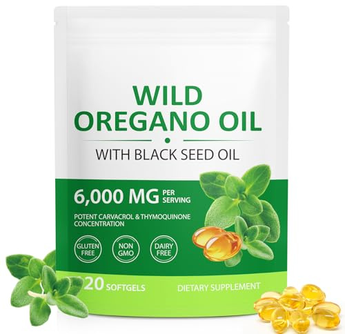 Oregano Öl Kapseln 6000mg mit Schwarzkümmelöl, 120 Softgels Oreganoöl, Natürlich & Glutenfrei Oil of Oregano
