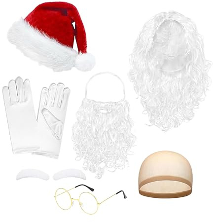 Barbe Et Bonnet De Père Noël Pour Adultes,Accessoires De Costume De Noël Pour Cosplay | Postiche Complet Avec Barbe Perruque Chapeau Lunettes Gants Filet à Cheveux Pour Femmes Hommes Ados