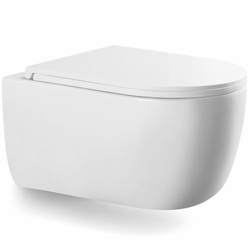 LARDECOR - WC Inodoro de Cerámica Suspendido | 530x365x365 mm | Váter con Sistema Rimless Antibacterias, Tapa Dura Extrafina UF Amortiguada y Ahorro de Agua (Blanco)