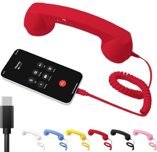 Auricular retro para teléfono, teléfono inteligente retro Bluetooth, receptor de mango fijo tipo C para teléfonos celulares, a prueba de radiación, cómodo teléfono de mano vintage con cable (cable