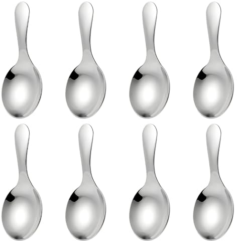 Jeffdad 8 Stück Löffel mit Kurzem Griff, Kleiner Salzlöffel Edelstahl Teelöffel 9 * 4 cm Runde Dessertlöffel Teeschaufeln Messlöffel Eislöffel für Marmeladengläser Gewürze Kaffee Joghurt(Silber)