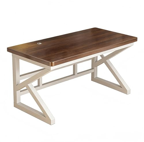FUKEFUZ Escritorio de Oficina con Tablero Extra Grueso de 30mm, Mesa de Ordenador Estilo Industrial con Patas en K, Mesa Gaming Resistente, Gran Superficie de Trabajo(Walnut,W-FR,55.1in)