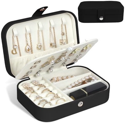 Schmuckkästchen Reise, Schmuckkasten klein, Reiseetui Schmuck organizer, Tragbarer Schmuckaufbewahrung für Ohrringe Halsketten Armbänder Ringe, Geschenkidee für Frauen Mädchen -Schwarz&Cremeweiß