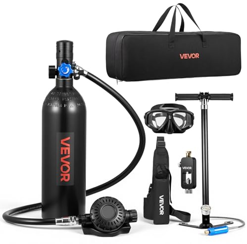 VEVOR Mini Botella de Buceo de 1 L, Juego de Tanque de Buceo Portátil, Capacidad de 15 a 20 Minutos, Gafas de Snorkel Adaptador Bomba Manual Mochila y Bolsa de Transporte, para Viajes Bucear Rescate