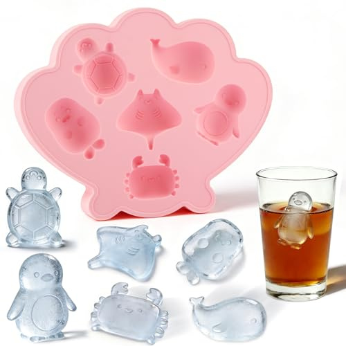 Cesujowaz Cute Marine Life Ice Cube Tray, Silicone Ice Cube Molds with Turtle, Whale, Penguin Shapes, Easy Release, Dishwasher Safe Ice Tray for Drinks and Chocolate (Pink)