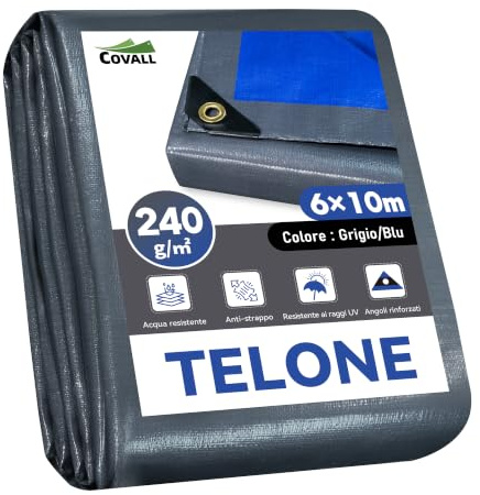 COVALL Telone pesante rinforzato 6x10m,240g/㎡ telo impermeabile esterno blu | resistente UV,strappo e neve,doppio lato con occhielli rinforzati per camion,cantieri,giardini e fattorie