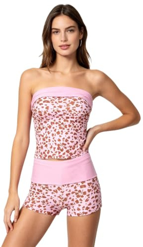 Miaeowve del baddräkt för kvinnor kvinnor bandeau tankini axelbandslös baddräkt bandeau badkläder axelbandslös magstödjande bad väsen, ROSA, M