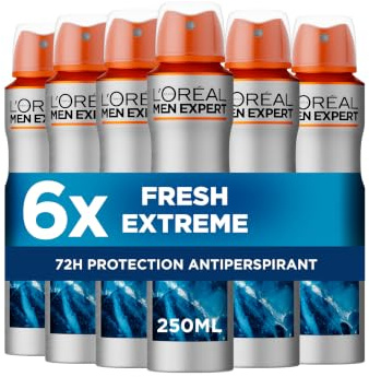 L'Oréal Paris Men Expert 48H Fresh Extreme Anti-Perspirant Deodorant for Men, 250ml Pack of 6, Bulk Buy