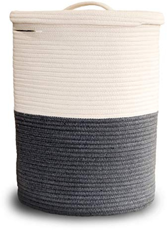 Mevyucr Large Laundry Basket with Lid, Tall Laundry Hamper with Lid, Woven Storage Basket Decorative Cotton Basket for Blankets Clothes Toys Pillows Towels Baby Nursery Bathroom Living Room Kitchen