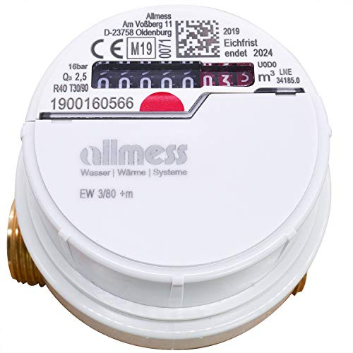 Allmess Compteur d'eau chaude, débit nominal Qn 1,5, longueur 80 mm, calibrage 2026, valable jusqu'à 2032, compteur d'eau chaud