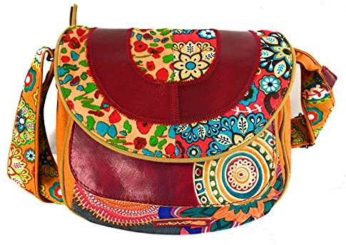 Macha Damen ethnische Baumwolltasche mit bunten Drucken und Ledereinsätzen, Schultertasche für Damen, ethnisch, indisch, bunt (Orange)