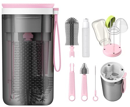 YOTIME Set med flaskborstar, reseflaskborste, med silikon flaskborste, nappborste och sugrör, tvåldispenser, torkställ, förvaringslåda, BPA-fri, rosa