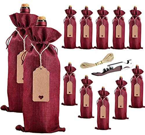Penubuy Jute-Weinbeutel 5.9 * 13.8 inch, Packung mit 12 Weinbeuteln mit Geschenkanhänger/Kordelzug (Rot)