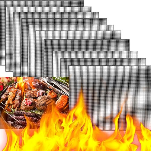 XUBX 10 Piezas Estera de Malla para Parrilla de Barbacoa, Alfombrillas Barbacoa Malla, BBQ Estera Rejilla Cortable Reutilizables, Grill Mat, Grill de Malla, para Hornear Carne, Pescado, Verduras