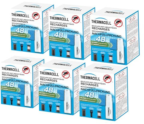 THERMACELL 6 Recharges Anti Moustiques et Moustiques Tigres - 20m² - 48h | Compatible Diffuseurs, Nomades et Lanternes - 24 Cartouches + 72 Plaquettes - THRECHARG48NX6