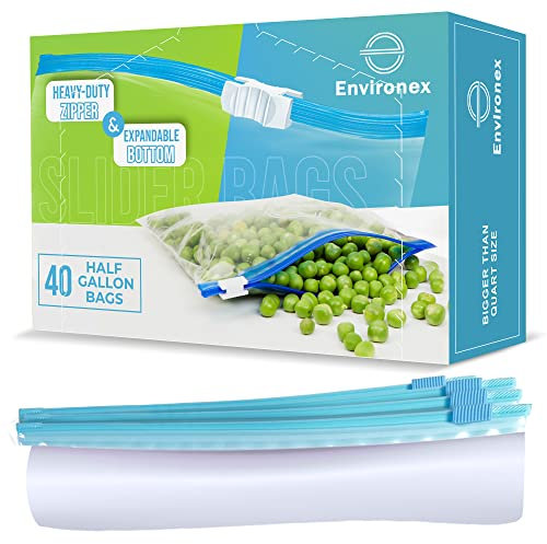 ENVIRONEX 40 bolsas reutilizables para congelador, bolsas con cierre deslizante resellable de medio galón con fondo expandible, bolsas herméticas y transparentes sin BPA para alimentos