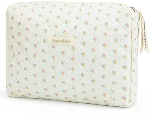 Travel Toiletry Bag, Cotton Floral Travel Makeup Bag, Portable Cosmetic Bag, Traveling Makeup Storage Bag for Women Girls (Flower-Beige)