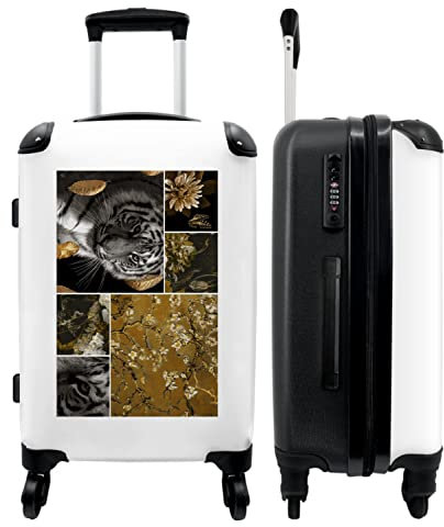NoBoringSuitcases.com® Koffer groß Trolley Rollkoffer Reisekoffer mit 4 Rollen Fotokoffer - Tiger - Mandelblüte - Gold - Collage - Blumen - 67x43x25cm - 90 Liter