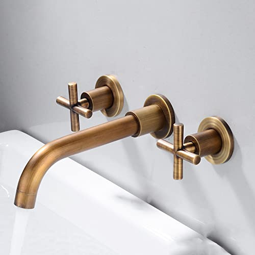 ZYCDP Grifo Lavabo Empotrado,Grifo de Pared para Lavabo Latón,Grifo de 2 Palanca Mezclador de Lavabo,Grifo Empotrado de Lavabo,Agua Fria y Caliente Disponible,Antiguo
