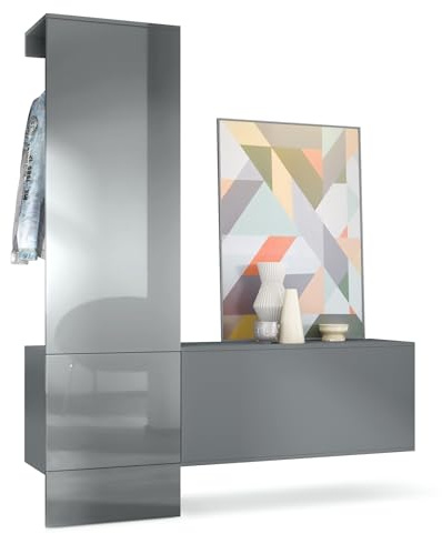 Vladon Garderobe Carlton Set 4, Made in Germany, Wandgarderobe aus Deko-Paneel & Hängeschrank für Schuhe, Anthrazit matt/Grau Hochglanz (156,5 x 193 x 35 cm)