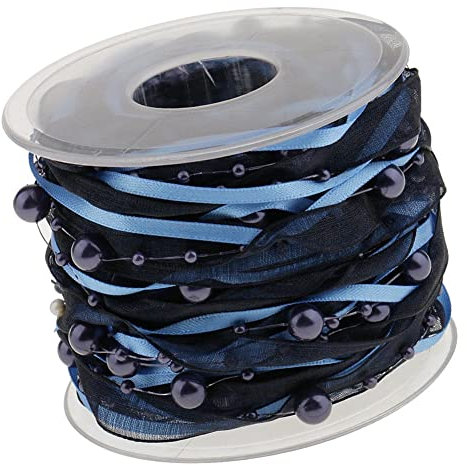 Rockreyoa 10M Perlenband mit Chiffon-Band Perlengirlande Organzaband Perle String Satinband Perlenkette Perlen Schnur Dekoband für DIY Basteln Party Tischdeko Hochzeit Geburtstags 10mm Dunkelblau