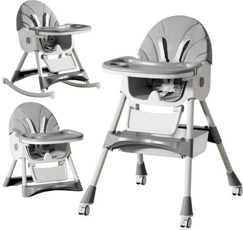 Chaise Haute Bébé Evolutive Pliable Chaise Haute 4 en 1, Double Plateau Détachable avec 4 Angles d'Inclinaison, 6 mois à 6 ans, Jusqu'à 15kg