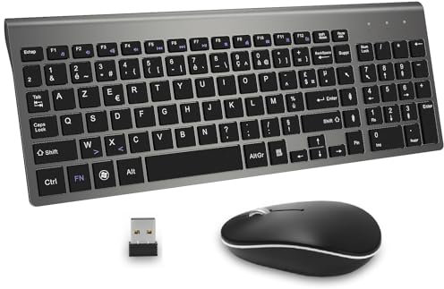 Clavier Souris sans Fil - AZERTY USB Silent Compact Clavier de Souris Pleine Taille Ergonomique pour PC/Ordinateur/Laptop/TV/Windows - (Noir)