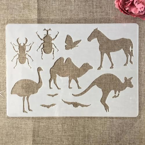 Wiederverwendbare Schablonen, A4, 29 cm, Tiere, Pferde, Käfer, Kamel, Känguru, Schablonen zum Malen, Bastelschablonen, Schablonen zum Malen auf Holz, Wandkunst, Heimdekoration