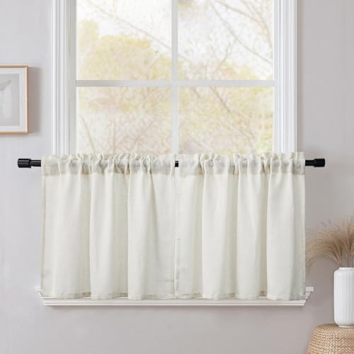 CUCRAF Scheibengardine Küchengardinen Bistrogardine 2er Set Natur Leinen H 60 x B 60 Hellbeige Halb Transparent Stores Gardinen Fenster Leinenvorhang Gardinenschal