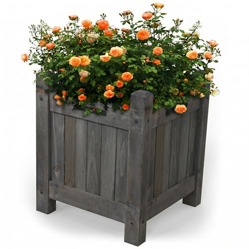 Vivo Technologies Square Wooden Planters Outdoor Garden Planter Box Planting Raise Bed Plants Flowers Plant Pot Natural Long Wood Pot,30x30x38 cm, Grey