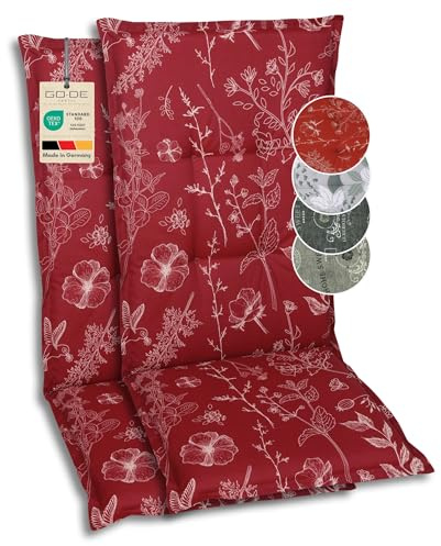 GO-DE Textil Bequeme und attraktive Polsterauflagen für Hochlehner-Gartenstühle (2er-Set, Blumen und Stengel rot, Hochlehner)