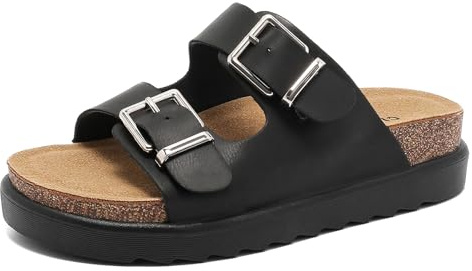 Foinledr Pantoletten Damen mit Kork-Fußbett Bequeme Lässige Sandalen, Schlappen für Sommer mit Einstellbare Schnalle Rutschfest Hausschuhe mit EVA dicken Sohlen